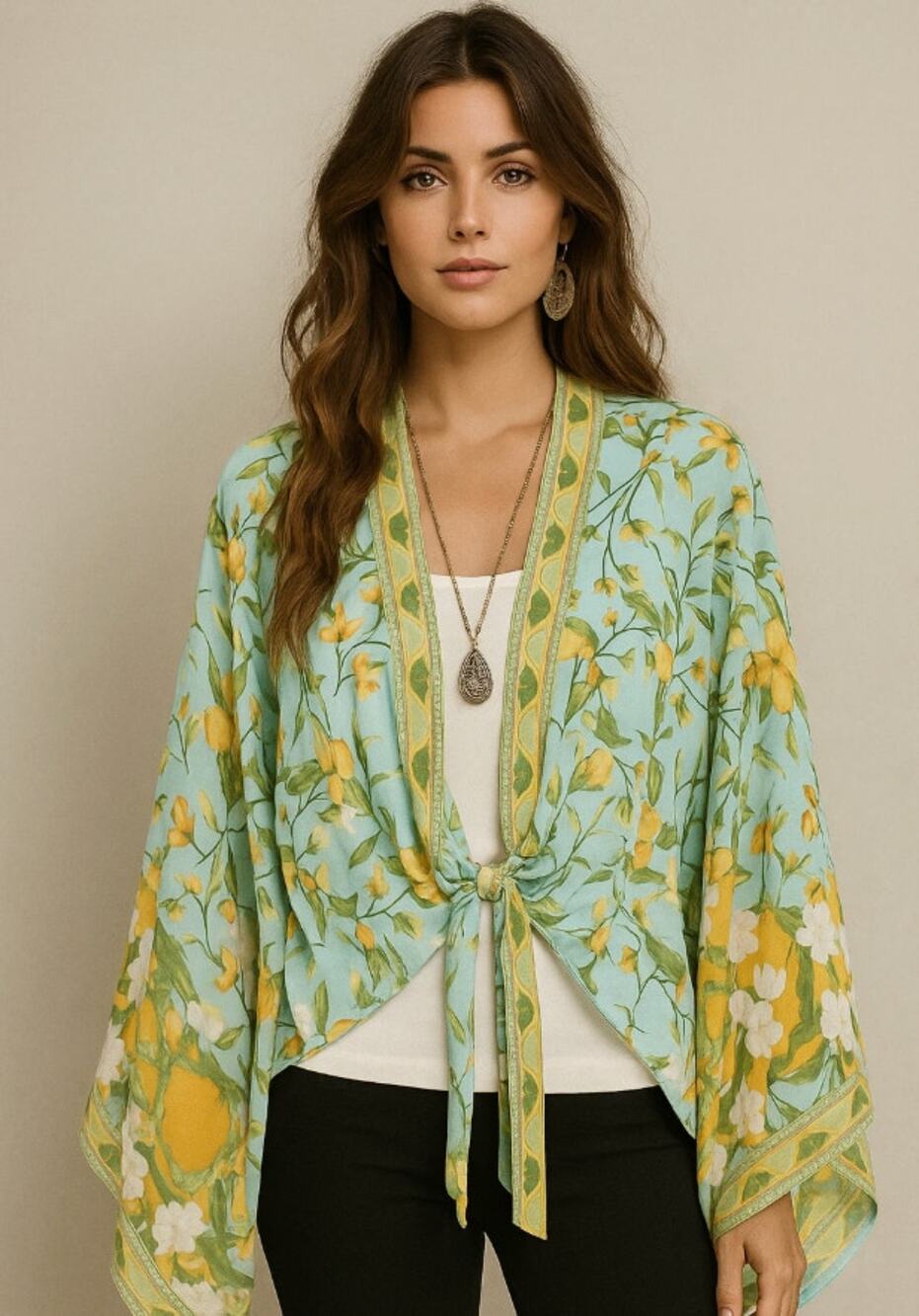 Anthropologie Pilcro Kimono Aqua Blue Lemon Print Lightweight Boho Beachy OS - Picture 1 of 15